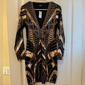 Express Black and Gold Geometric Sequin Dress